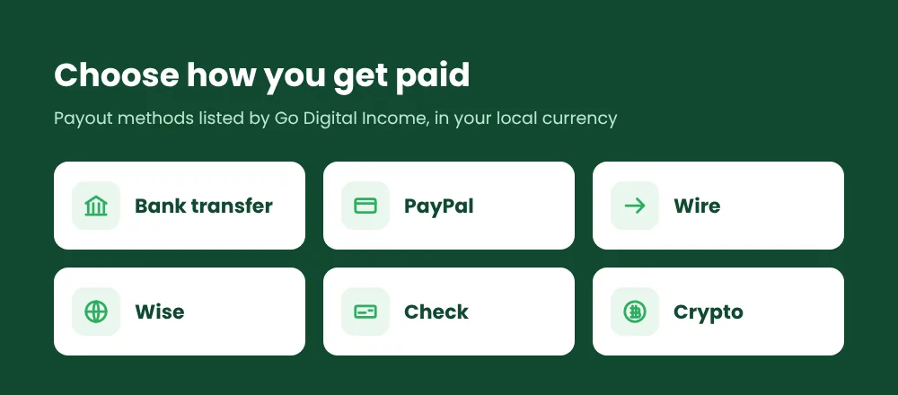 Go Digital Income payout methods: bank transfer, PayPal, wire, Wise, check and crypto